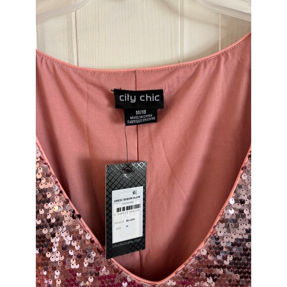 NWT City Chic Sequin Glow Dress Pink Short Sleeve V Neck Short Dress Party 18 - Picture 5 of 5